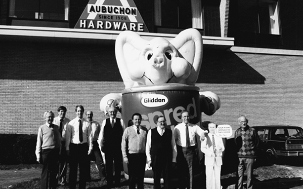 Elephant and Glidden Paint Cans were normally seen at store events such as grand openings. Here is a picture infront of the distribution center from left to right are M. Marcus Moran Sr., Daniel P. Aubuchon, Donat C. Aubuchon, Peter J. Aubuchon Jr., William E. Aubuchon Jr., M. Marcus Moran Jr., Bernard W. Aubuchon Sr., William E. Aubuchon III, a carboard Mac McCaw and Peter J. Aubuchon Sr.