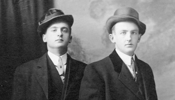 Picture of the brothers where they were in a play at St. Joseph Church Hall in Cleghorn; John B. Aubuchon is on the left and William E. Aubuchon Sr. on the right.